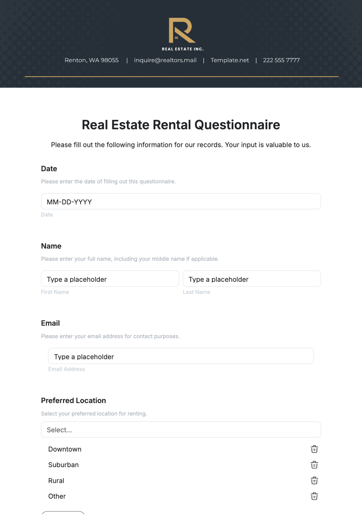 Free Real Estate Rental Questionnaire Template to Edit Online | Template.net