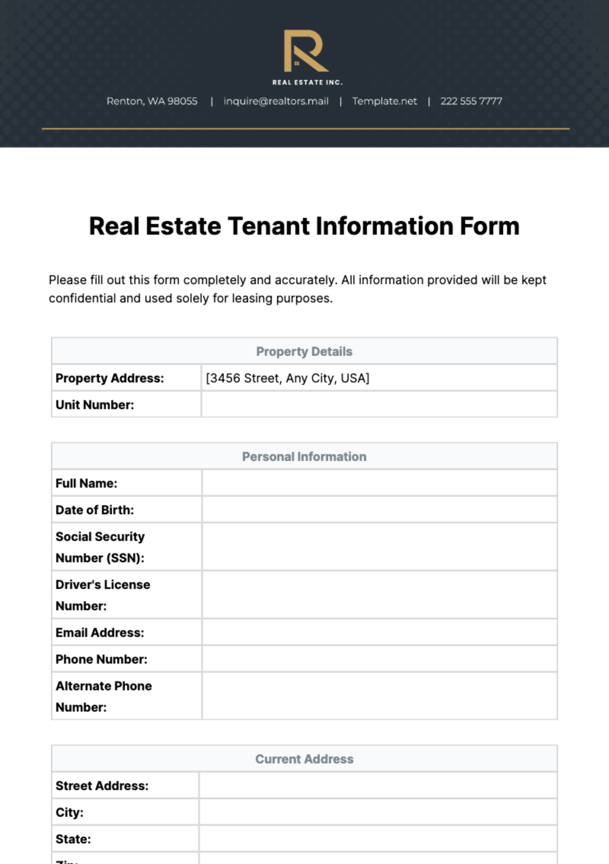 Free Real Estate Tenant Information Form Template