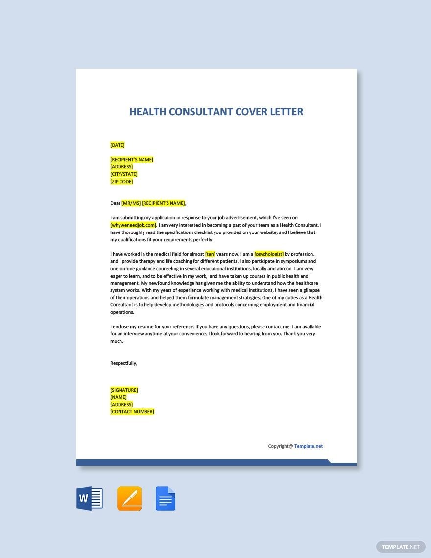 Health Consultant Cover Letter Template in Word, Google Docs, PDF, Apple Pages