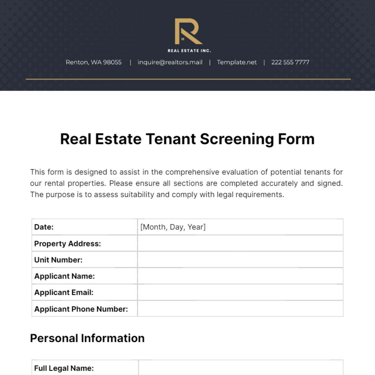 Real Estate Tenant Screening Form Template