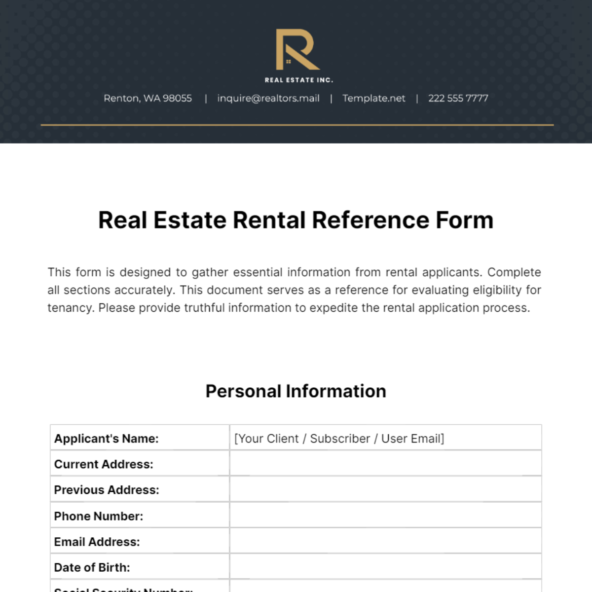 Real Estate Rental Reference Form Template