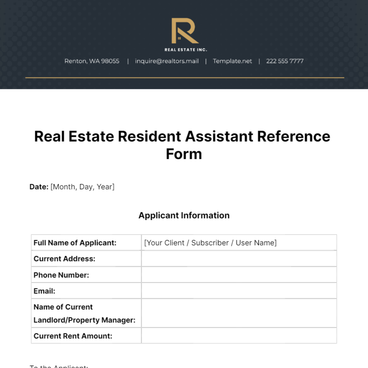 Real Estate Resident Assistant Reference Form Template