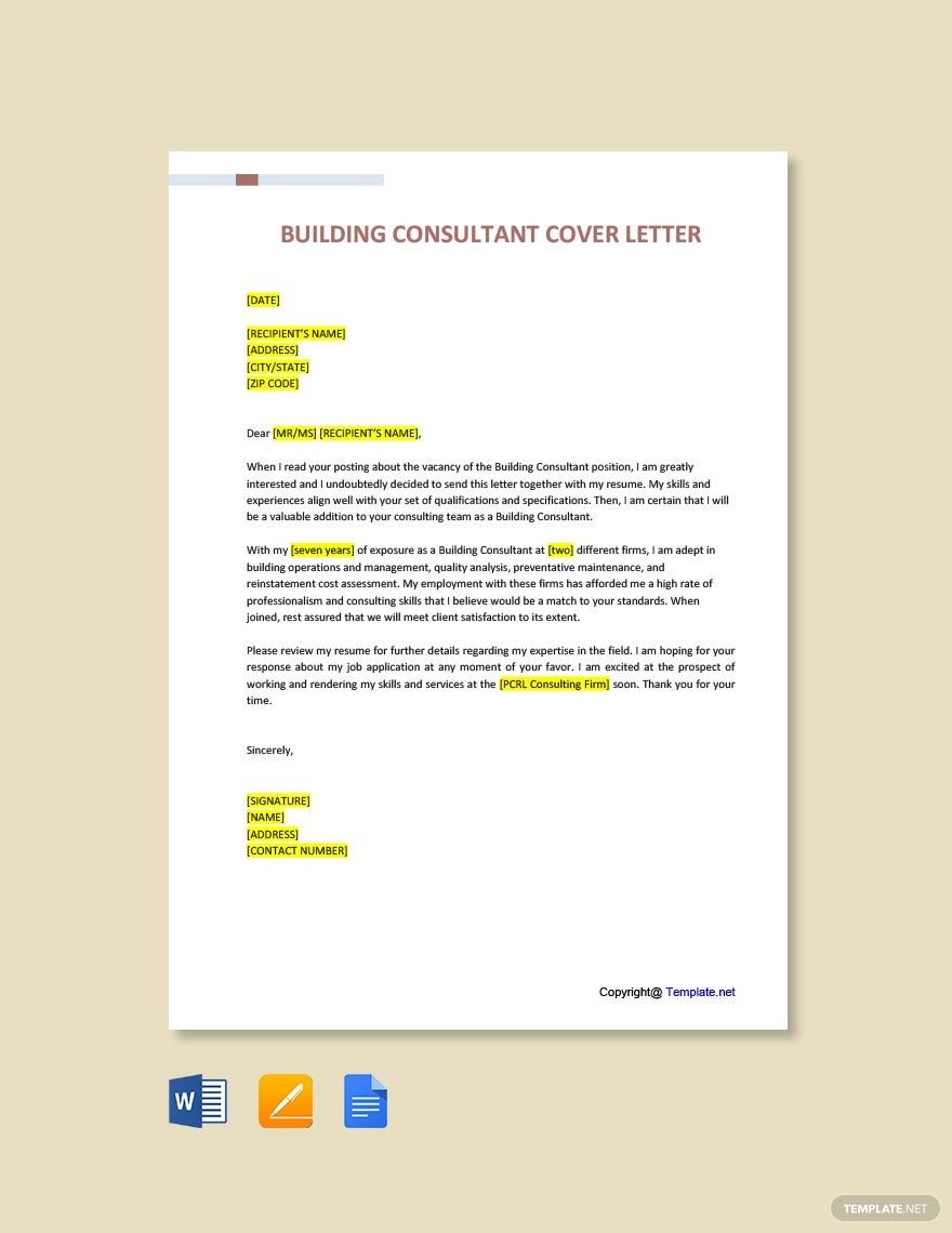 Free Building Consultant Cover Letter Template in Word, Google Docs, PDF, Apple Pages