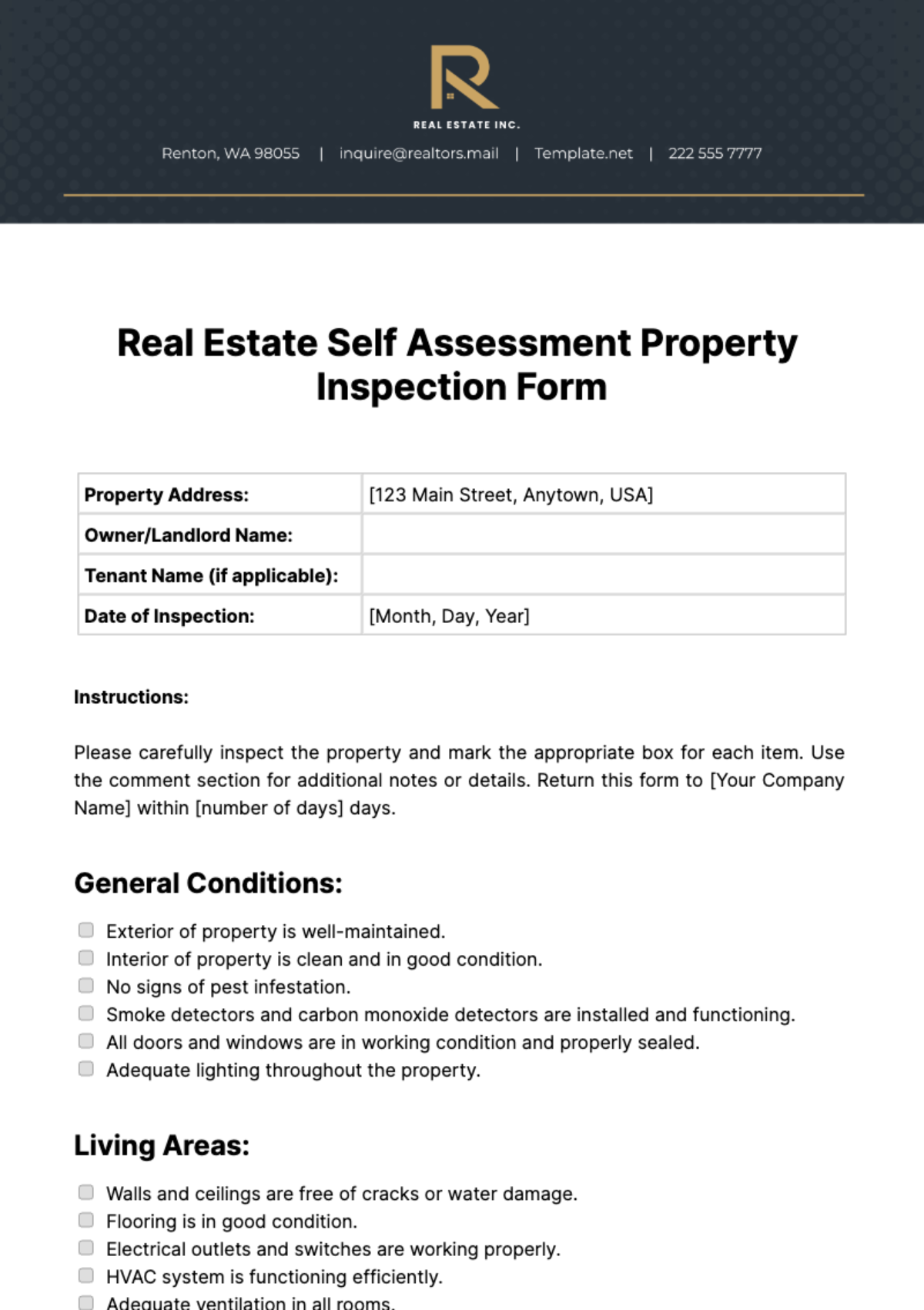 Real Estate Self Assessment Property Inspection Form Template
