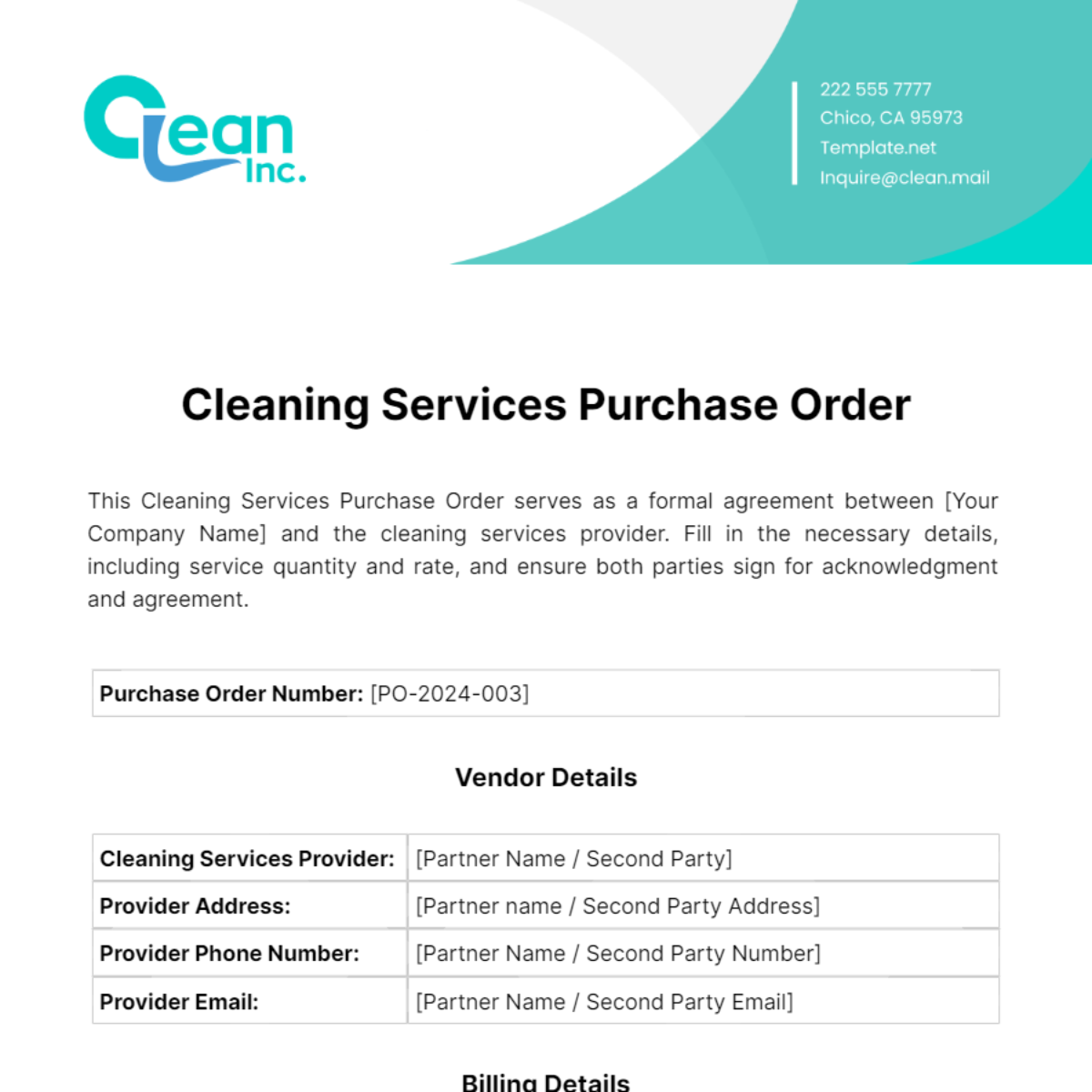 Cleaning Services Purchase Order Template