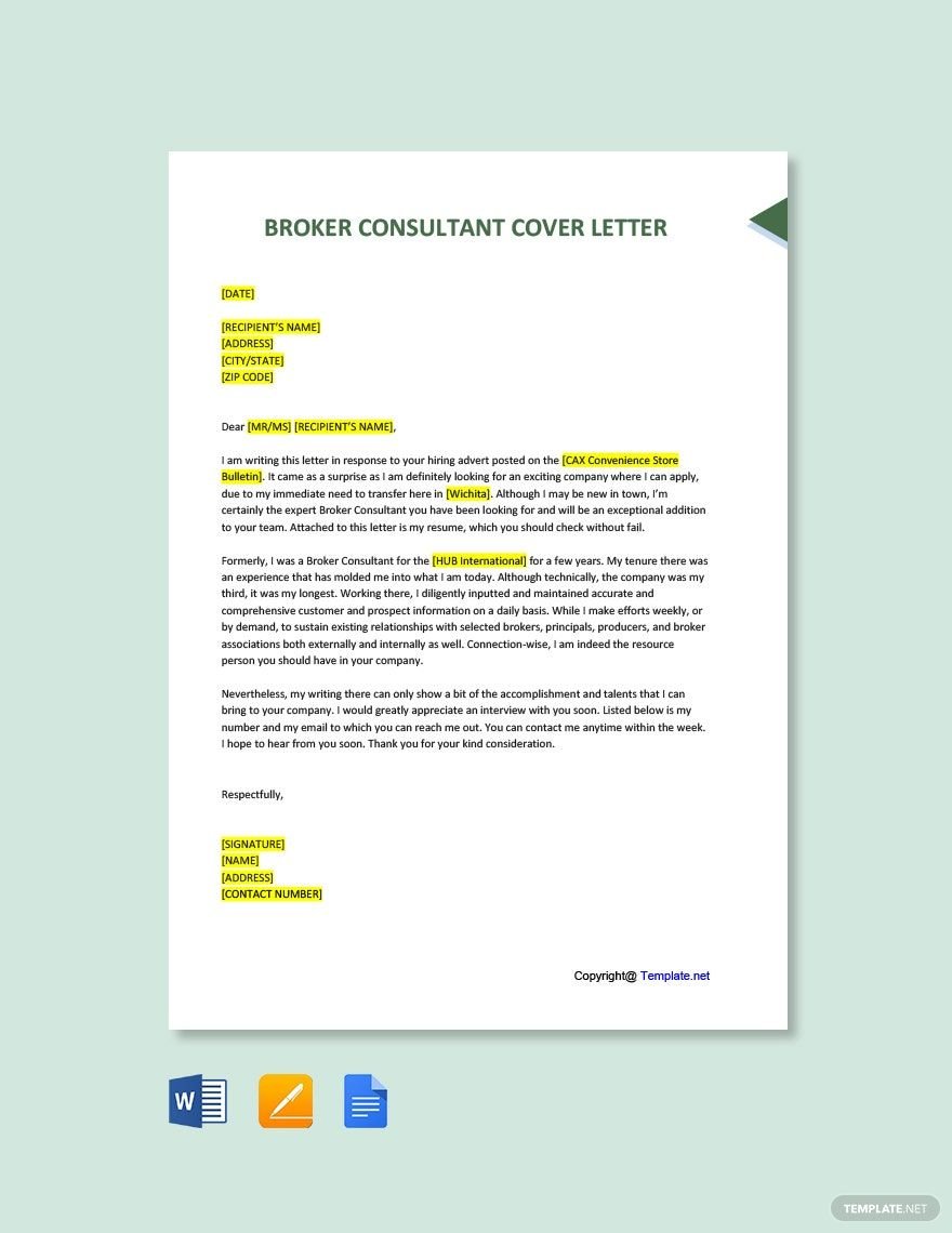 Broker Consultant Cover Letter Template in Word, Google Docs, PDF, Apple Pages