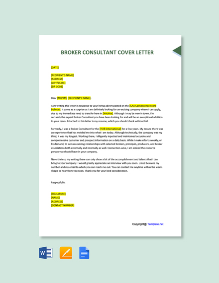 FREE Broker Consultant Cover Letter - Word | Google Docs | Apple (MAC ...