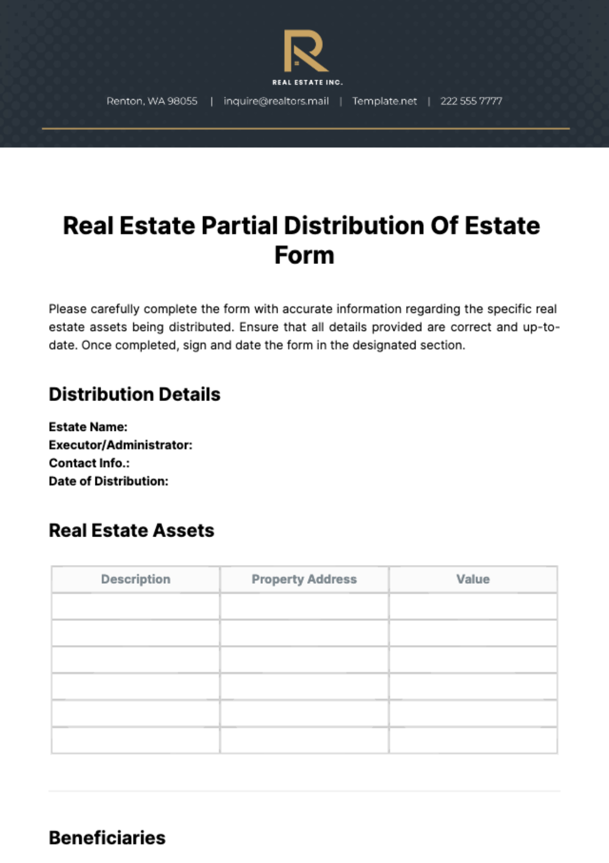 Free Real Estate Partial Distribution Of Estate Form Template