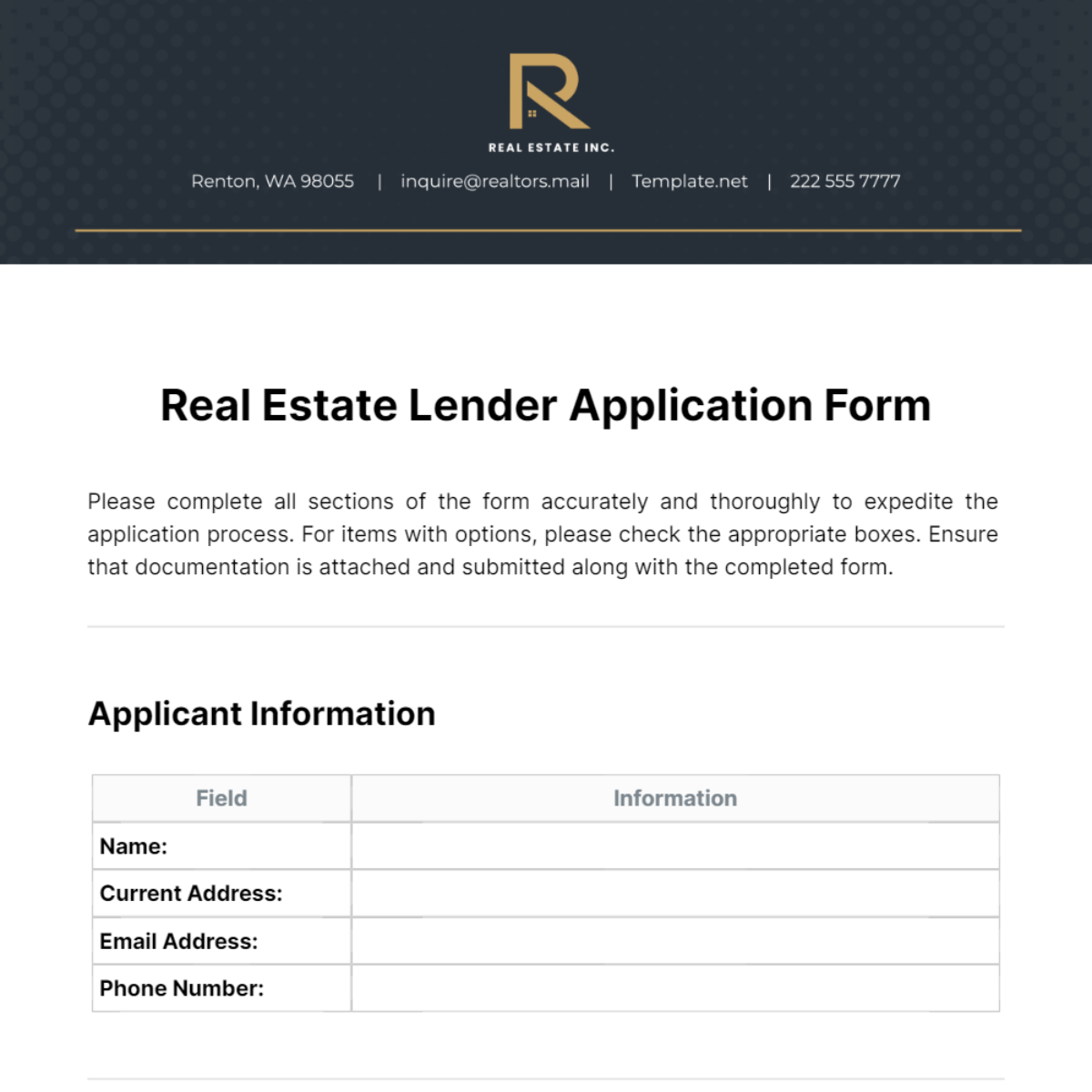 Free Real Estate Lender Application Form Template