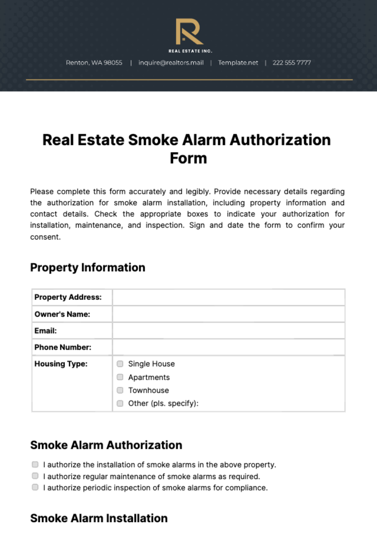 Free Real Estate Smoke Alarm Authorization Form Template