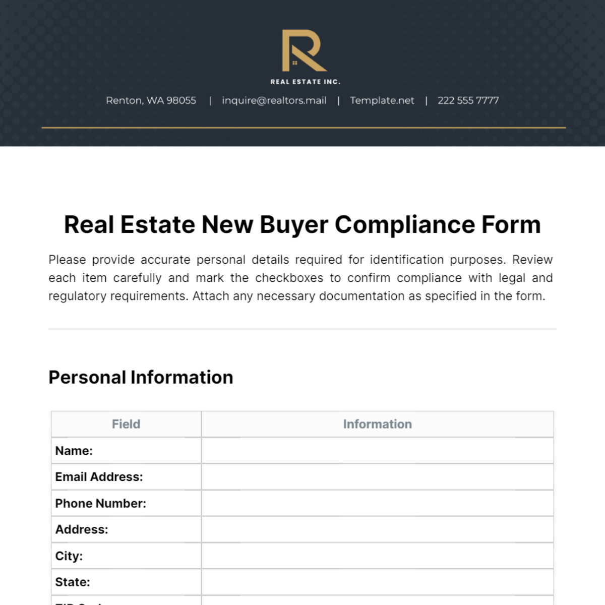 Free Real Estate New Buyer Compliance Form Template