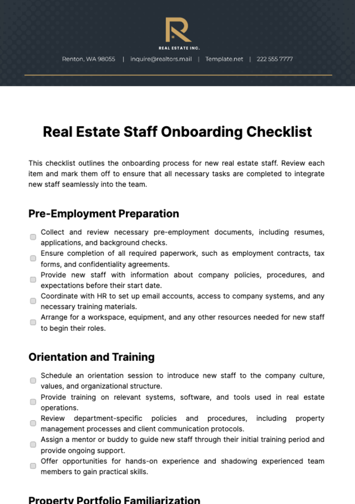 Real Estate Staff Onboarding Checklist Template