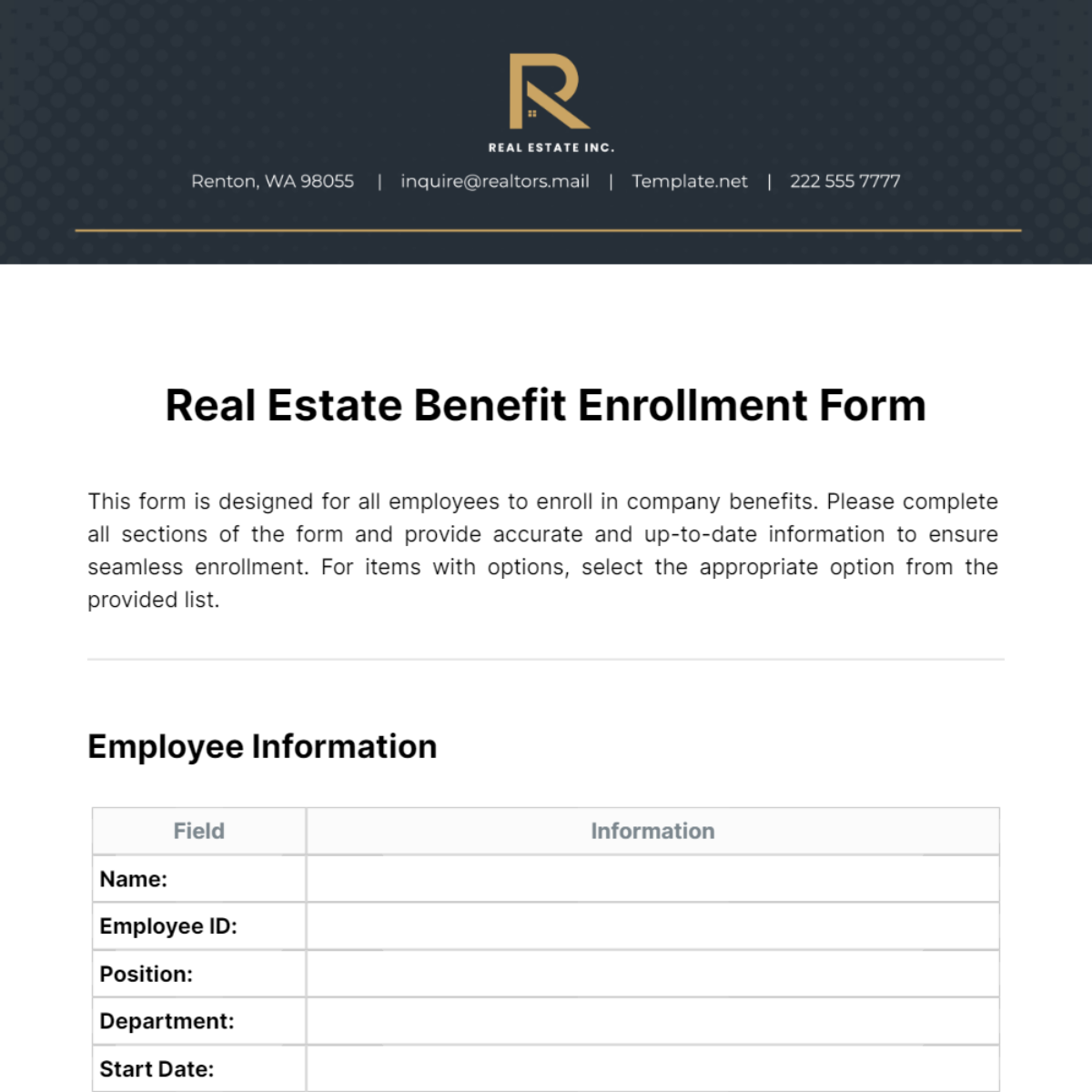 Free Real Estate Benefit Enrollment Form Template