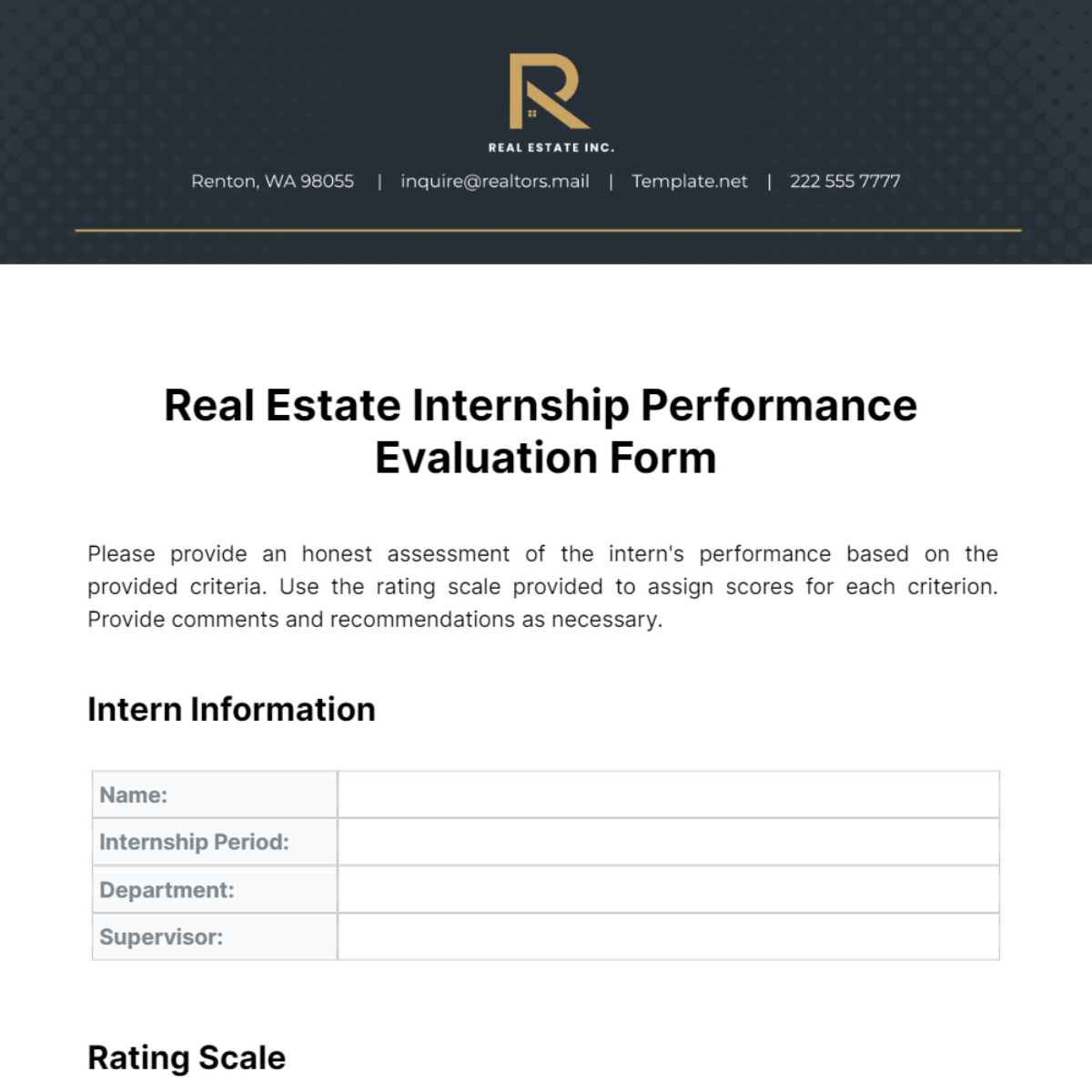 Real Estate Internship Performance Evaluation Form Template