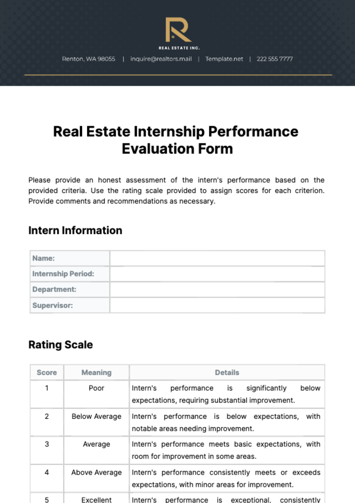 Free Real Estate Internship Performance Evaluation Form Template