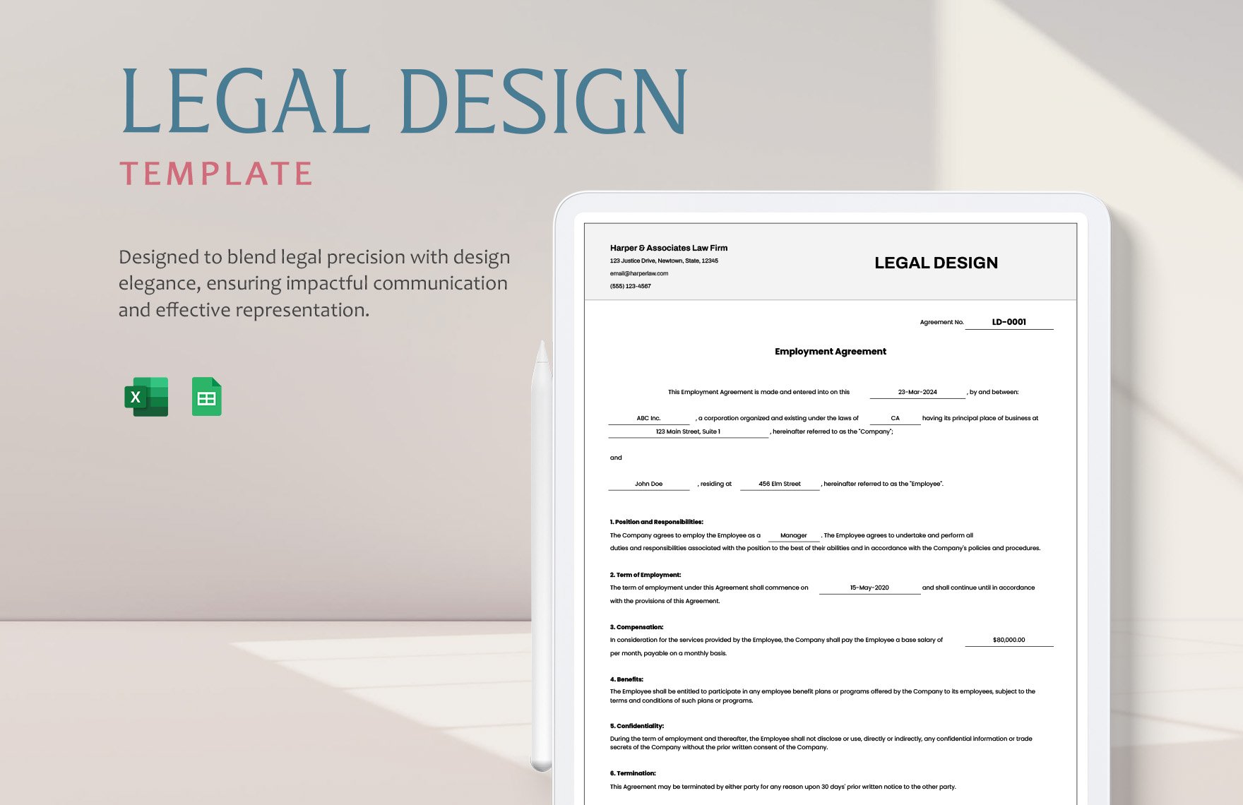 Legal Design Template in Excel, Google Sheets