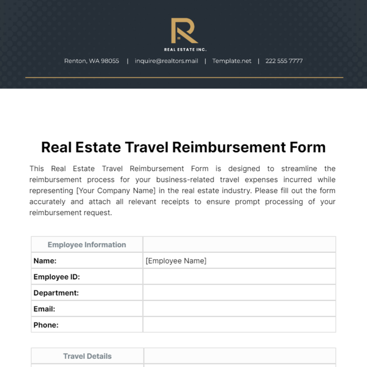 Free Real Estate Travel Reimbursement Form Template