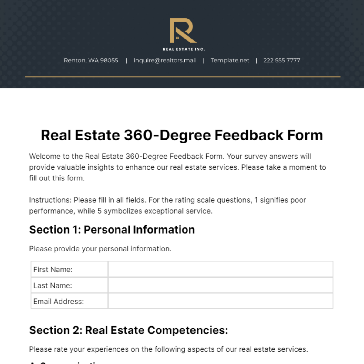 Free Real Estate 360-Degree Feedback Form Template