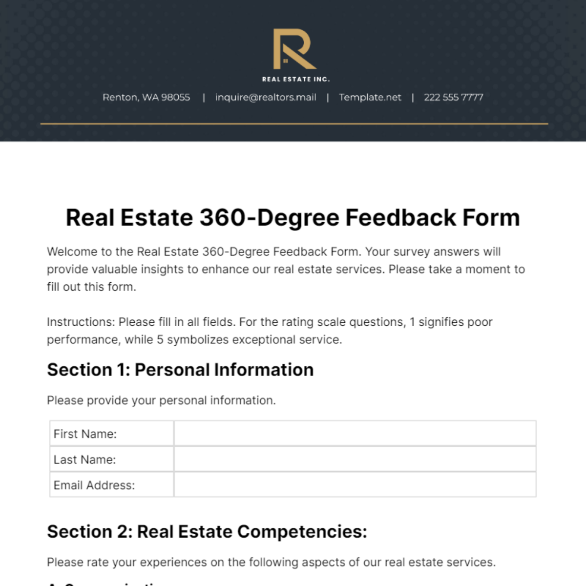 Real Estate 360-Degree Feedback Form Template - Edit Online & Download