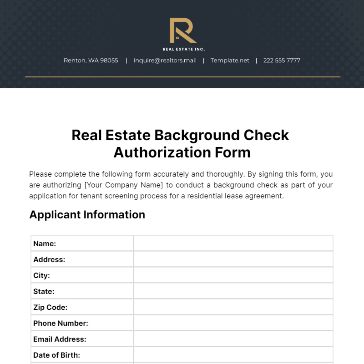 Real Estate Background Check Authorization Form Template