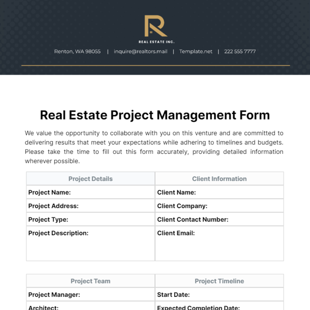 Real Estate Project Management Form Template