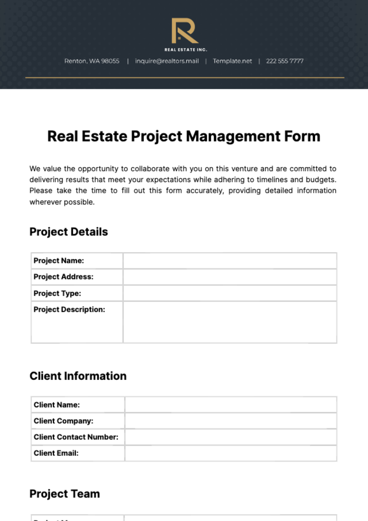 Free Real Estate Project Management Form Template