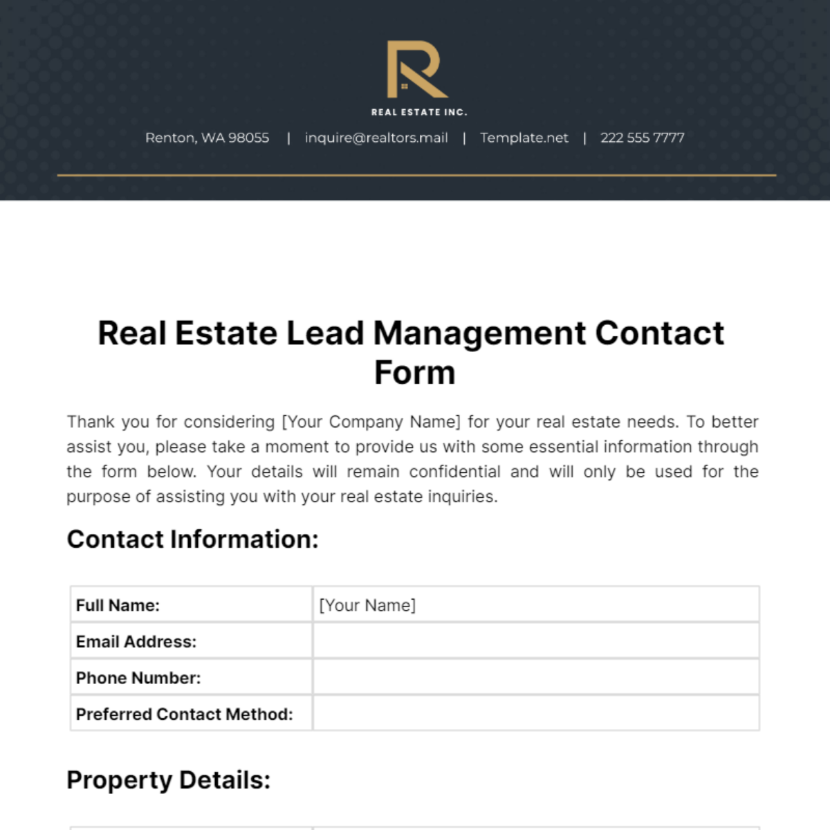 Real Estate Lead Management Contact Form Template