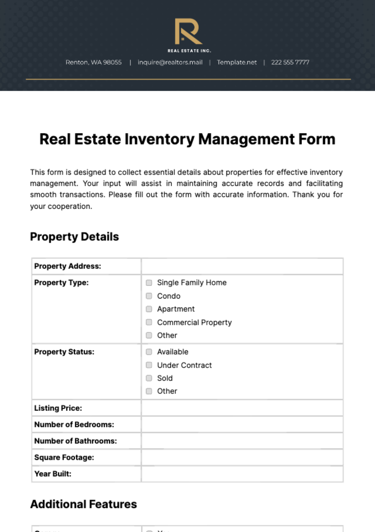 Free Real Estate Inventory Management Form Template