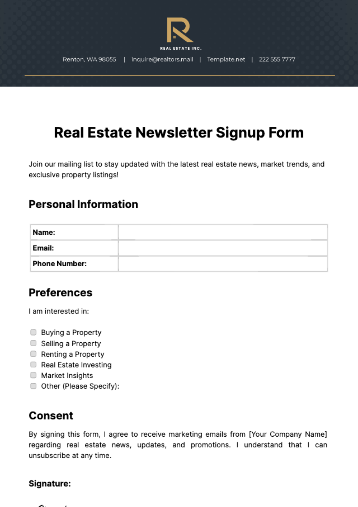 Free Real Estate Newsletter Signup Form Template