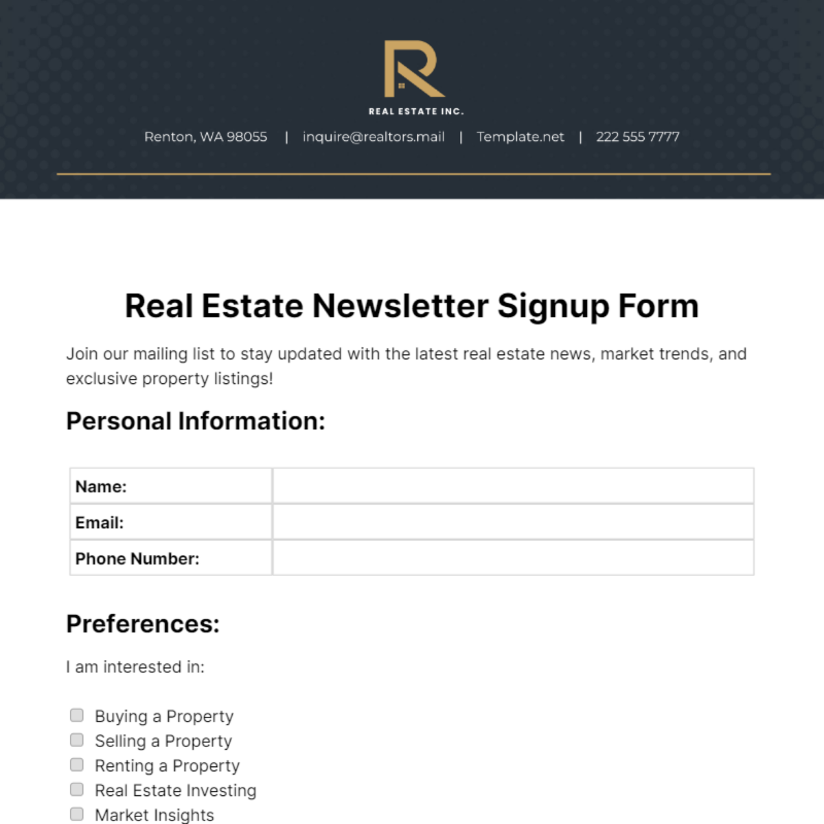 Real Estate Newsletter Signup Form Template