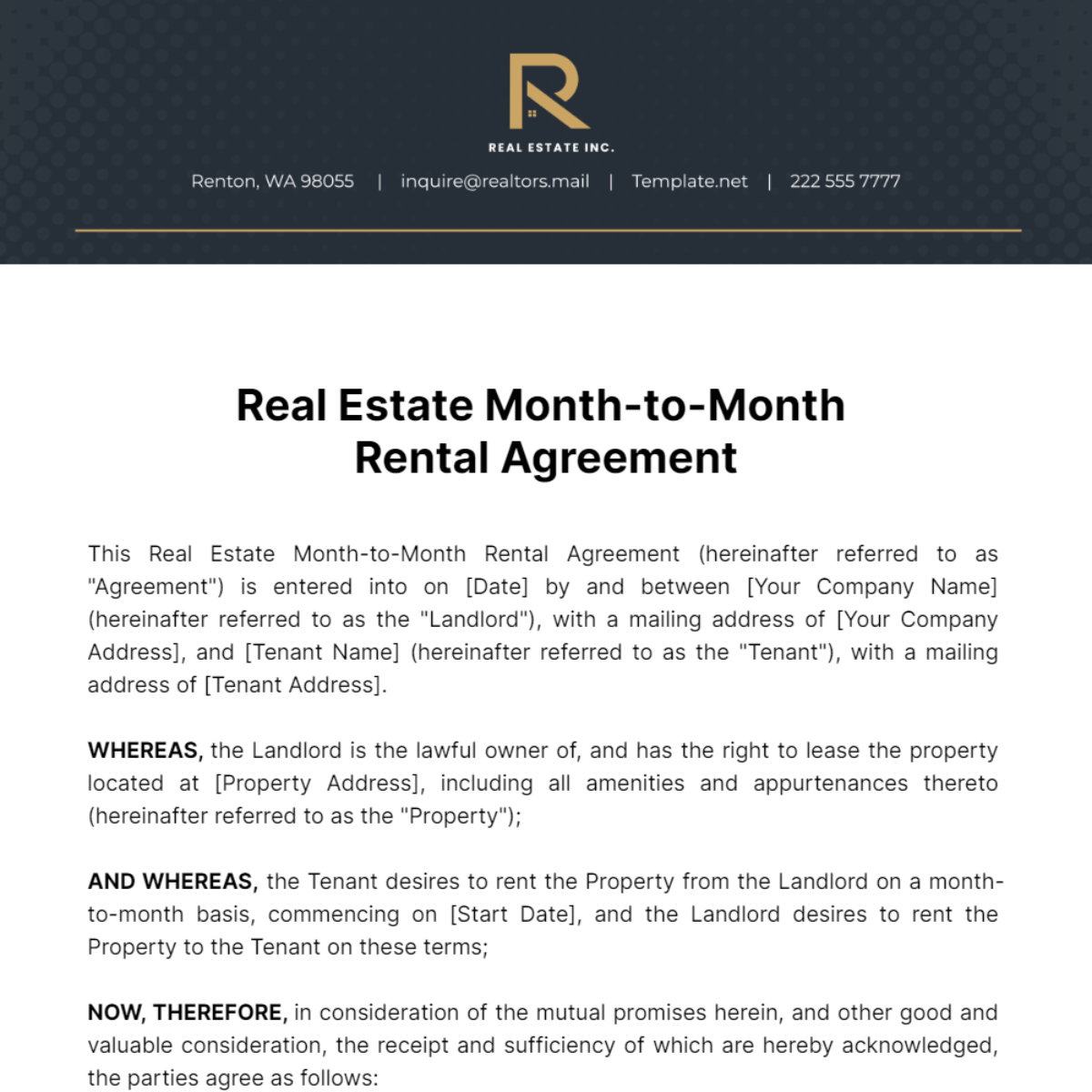 Real Estate Month-to-Month Rental Agreement Template