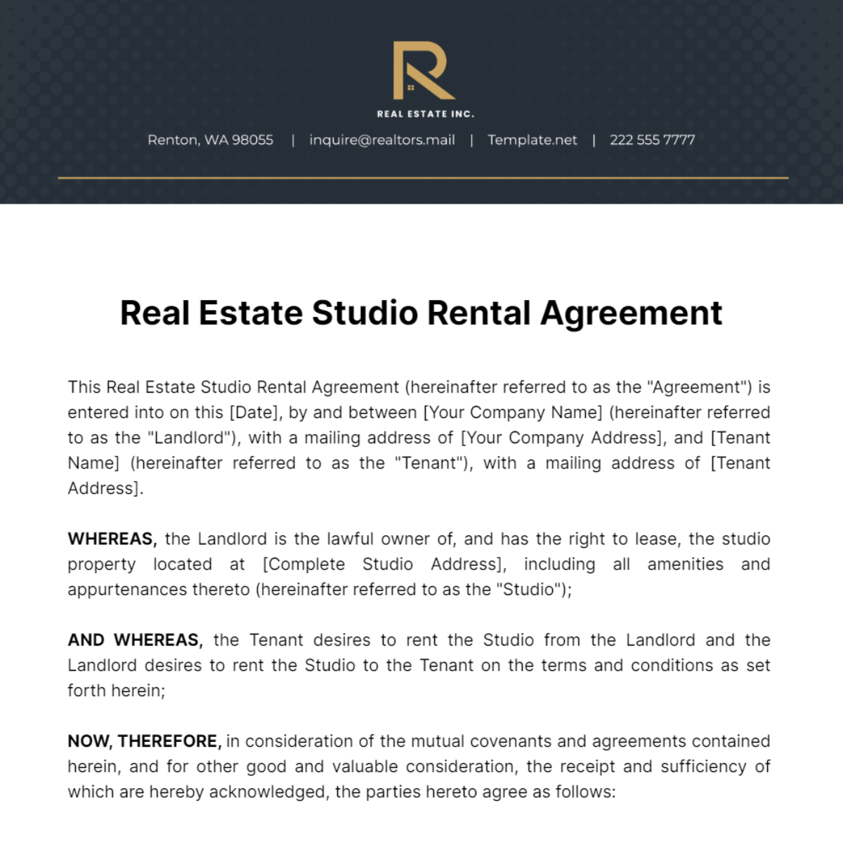 Real Estate Studio Rental Agreement Template