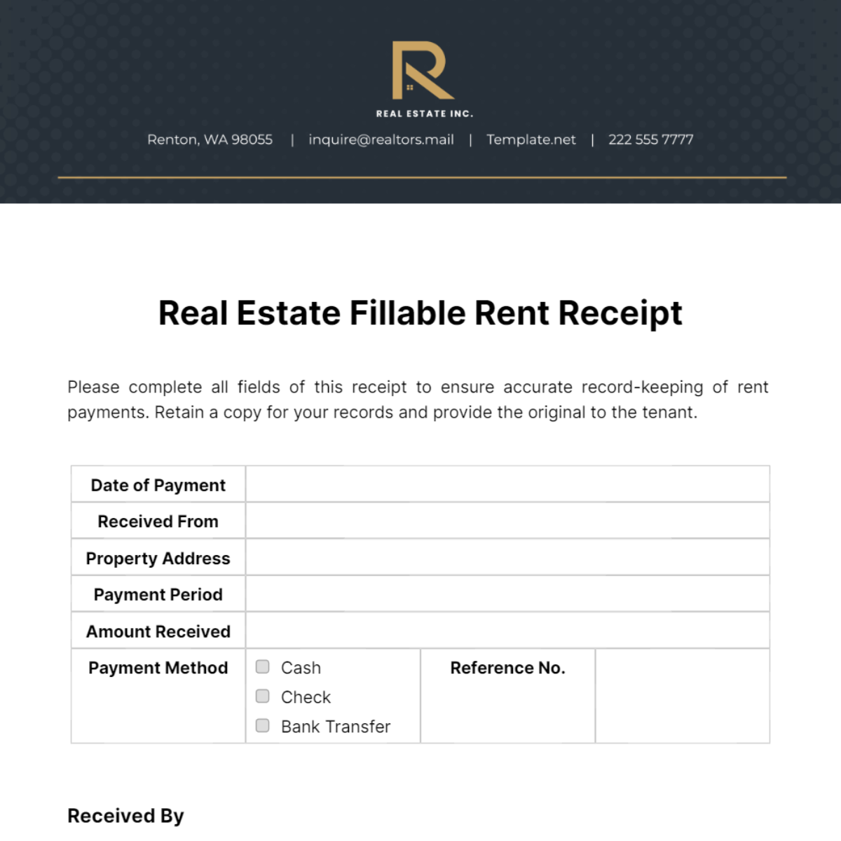 Real Estate Fillable Rent Receipt Template