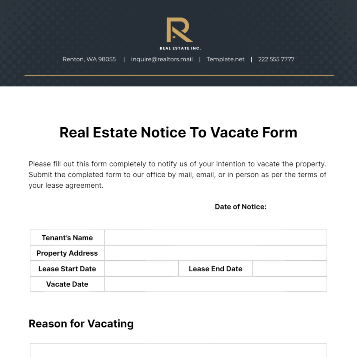 Free Real Estate Notice To Vacate Form Template