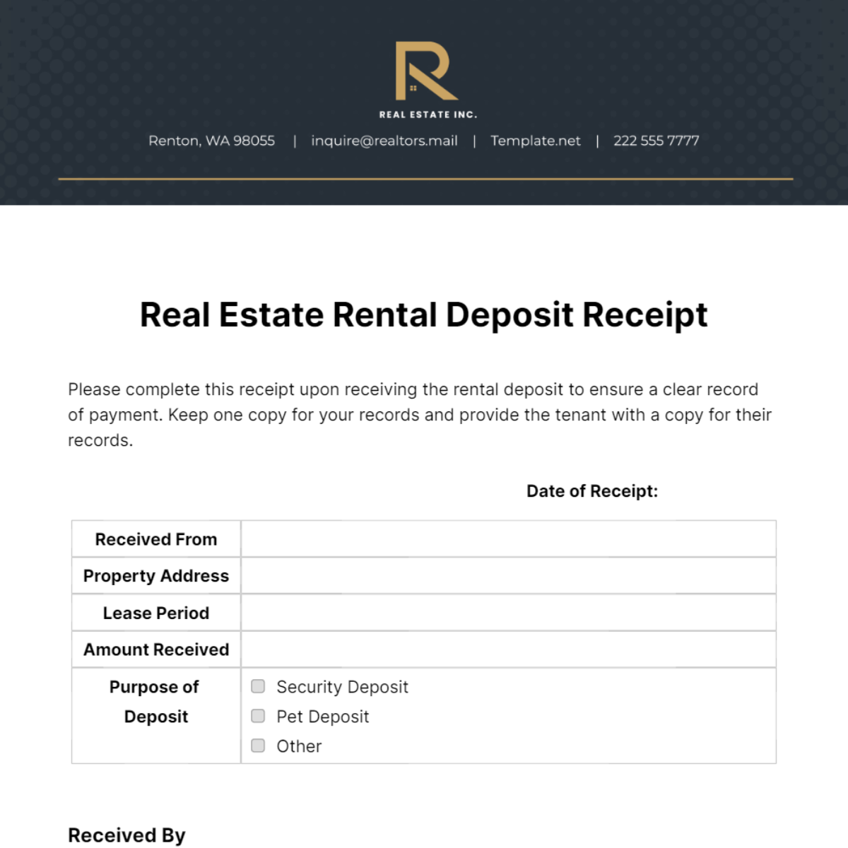 Free Real Estate Rental Deposit Receipt Template