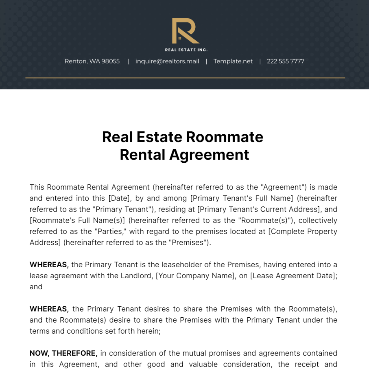 Real Estate Roommate Rental Agreement Template