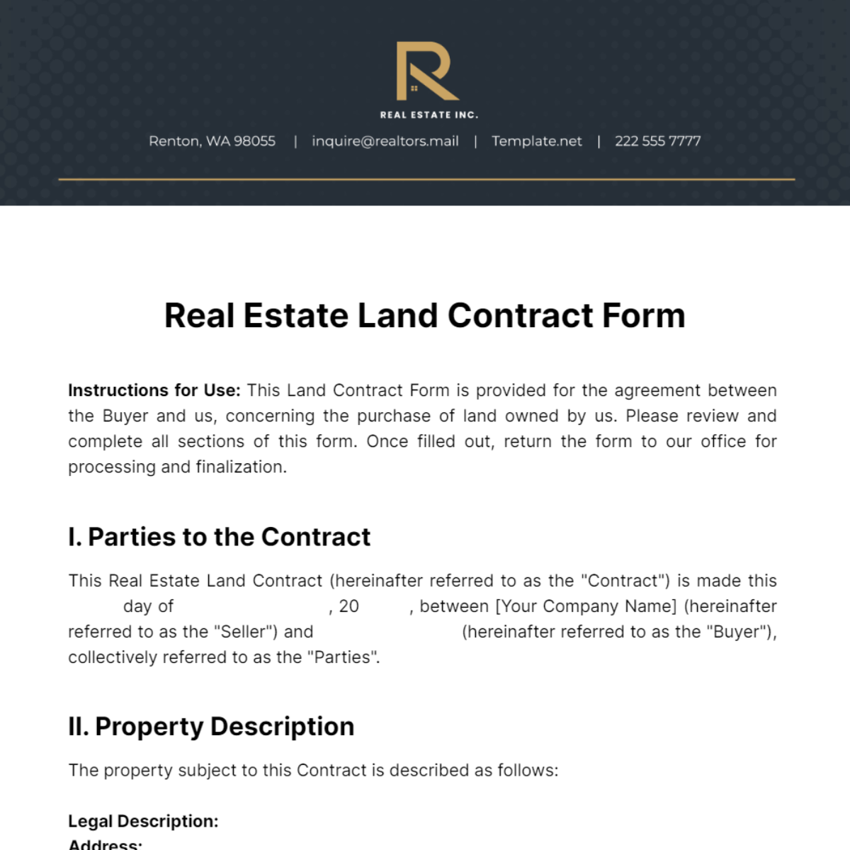 Real Estate Land Contract Form Template