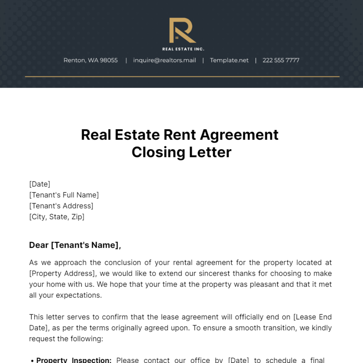 Real Estate Rent Agreement Closing Letter Template
