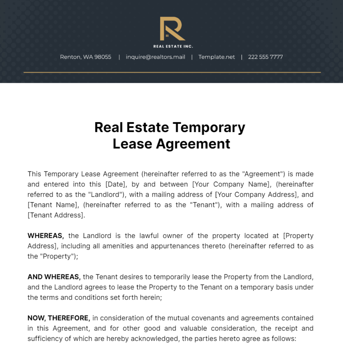 Free Real Estate Temporary Lease Agreement Template
