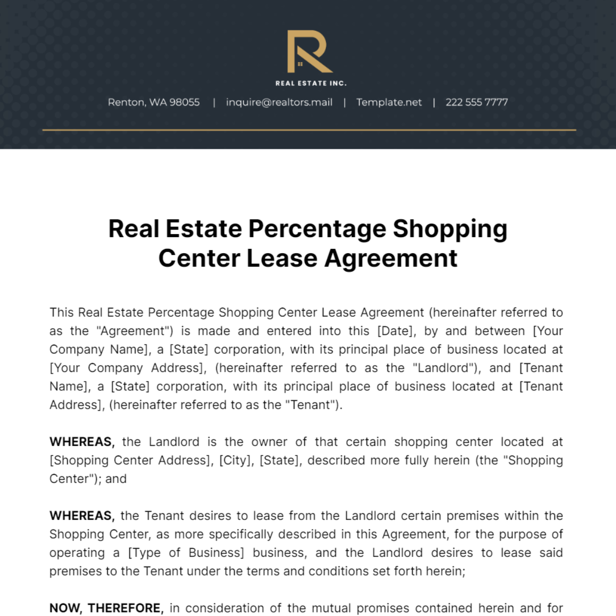 Real Estate Percentage Shopping Center Lease Agreement Template