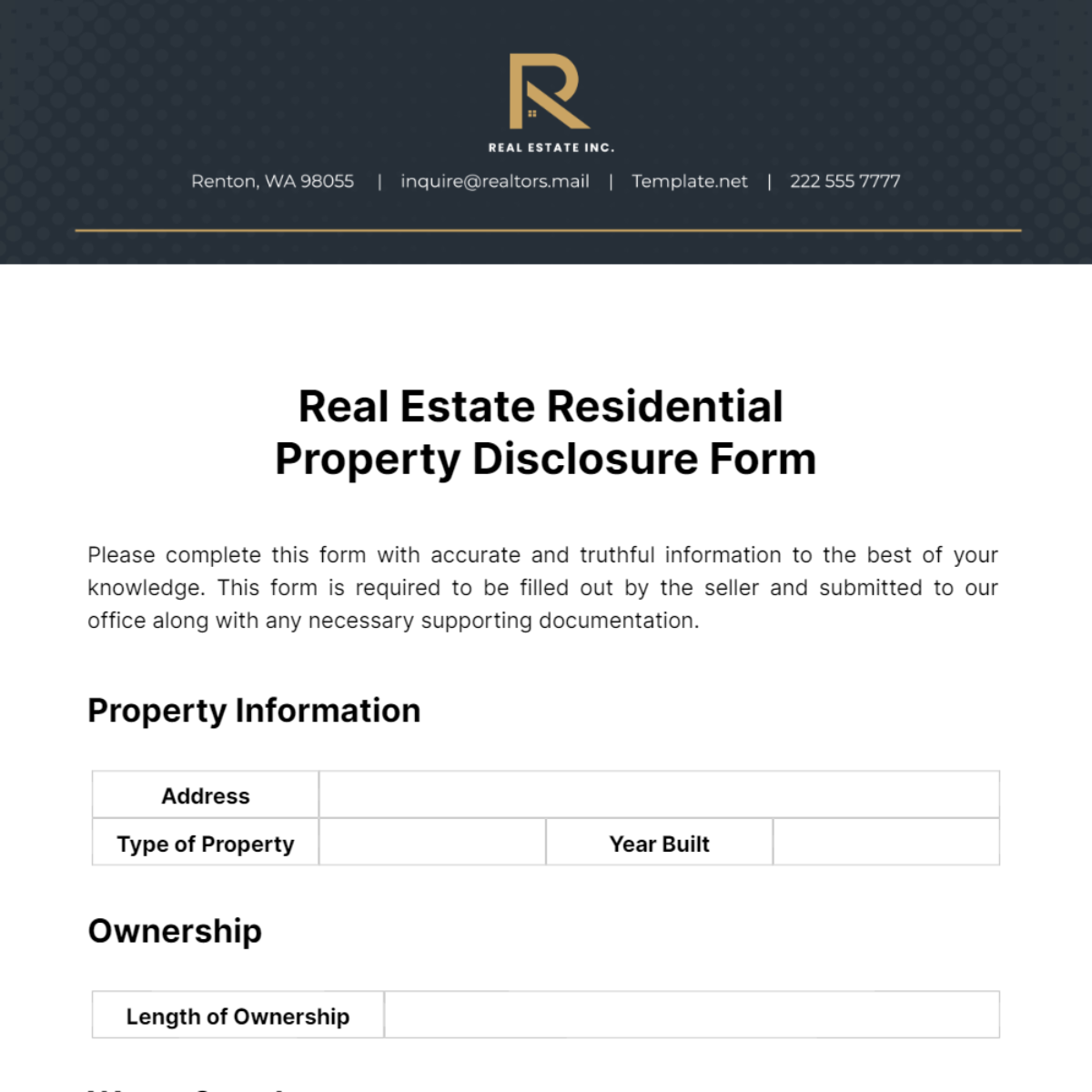 Real Estate Residential Property Disclosure Form Template