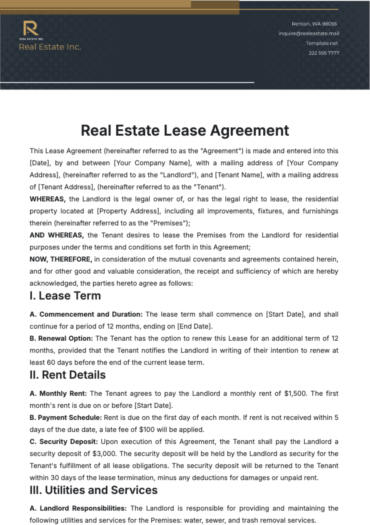 Free Real Estate Lease Agreement Template