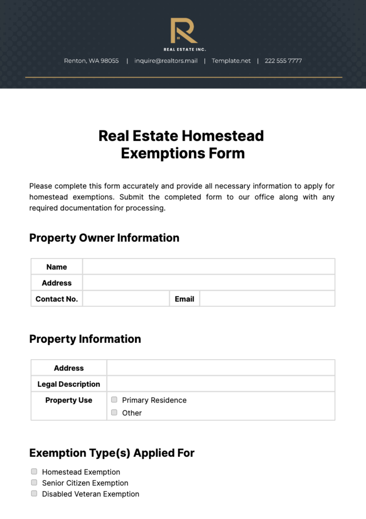 Free Real Estate Homestead Exemptions Form Template