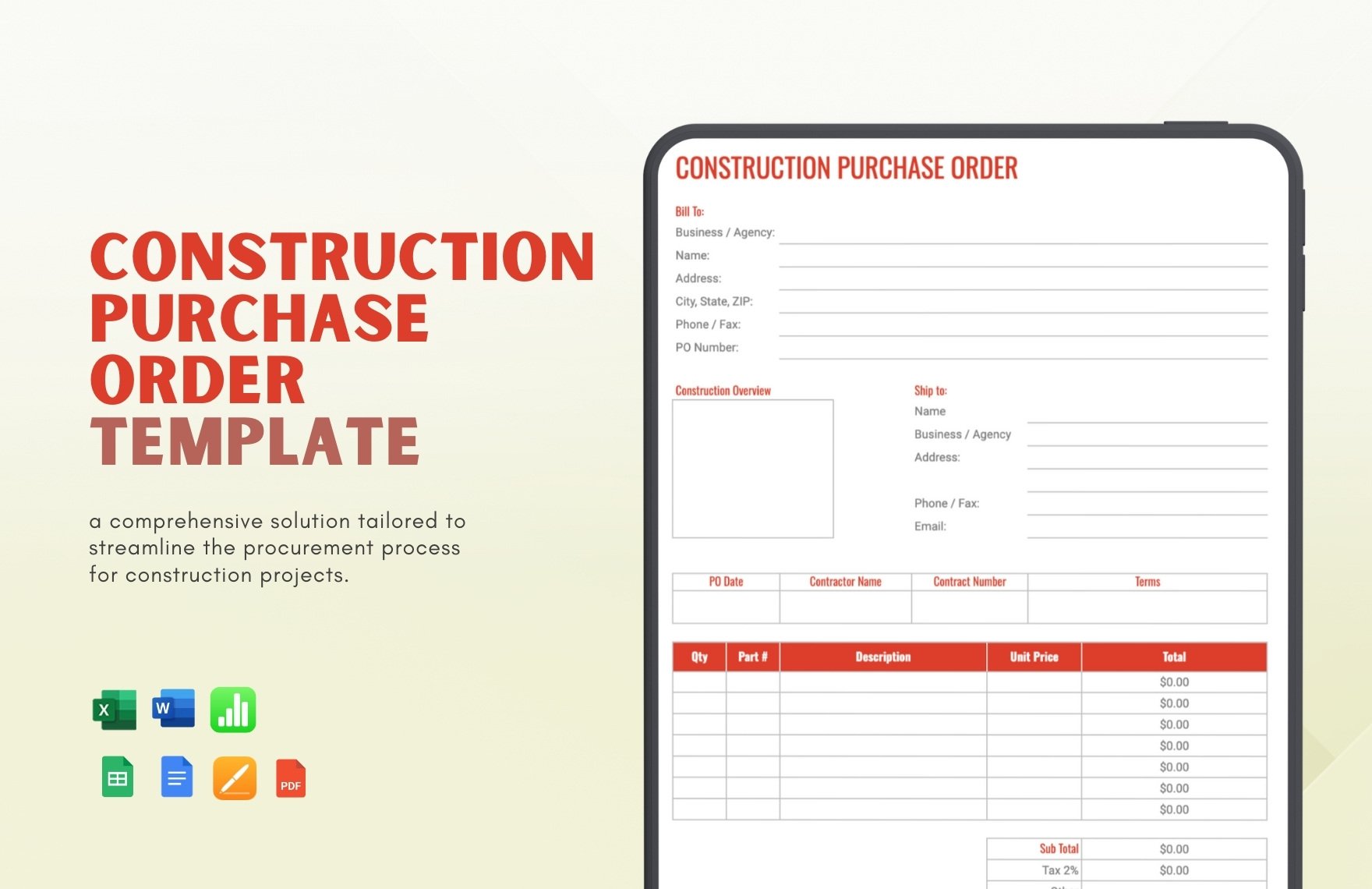 Construction Purchase Order Template in Word, Google Docs, Excel, PDF, Google Sheets, Apple Pages, Apple Numbers