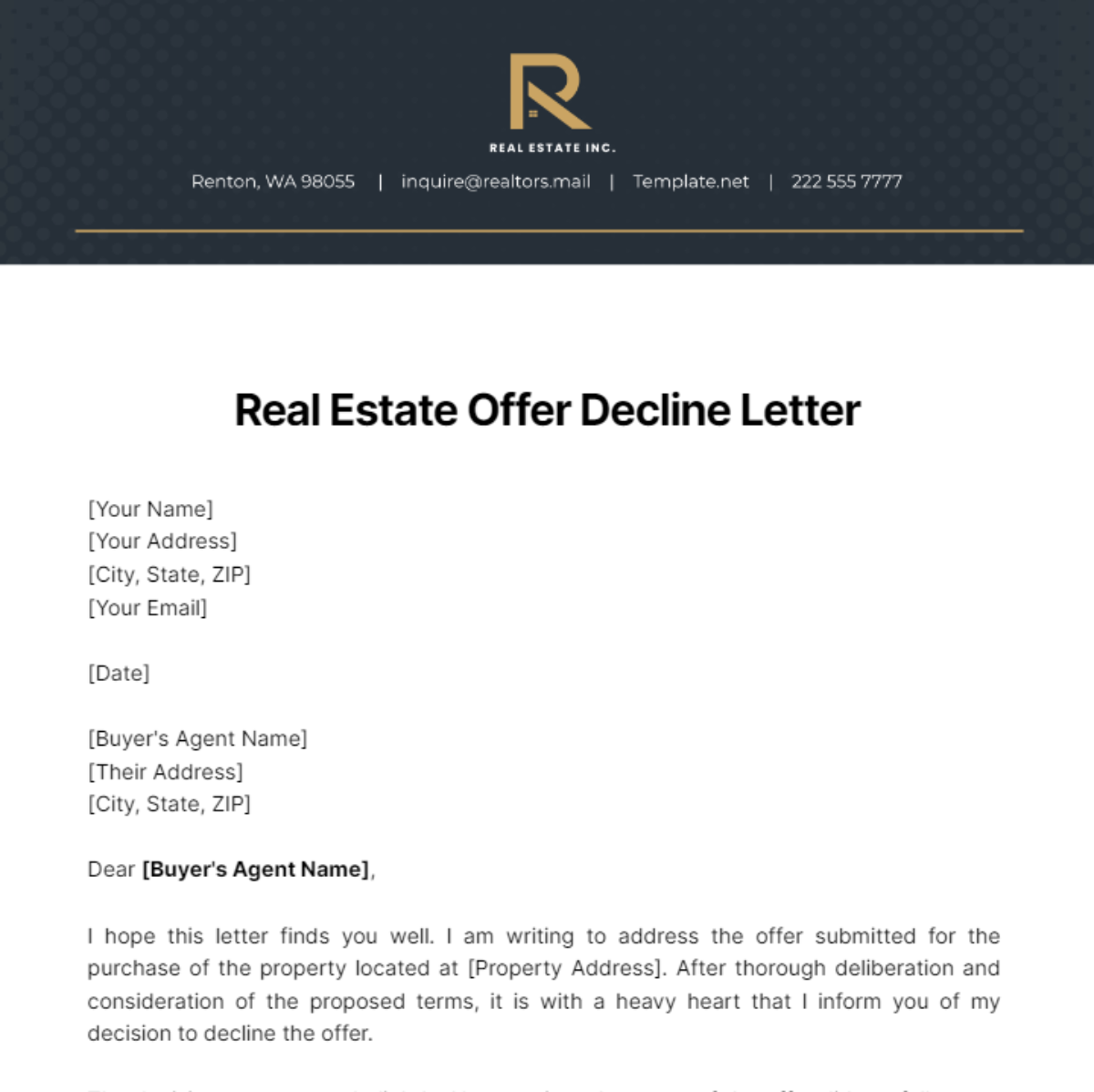 Real Estate Offer Decline Letter Template
