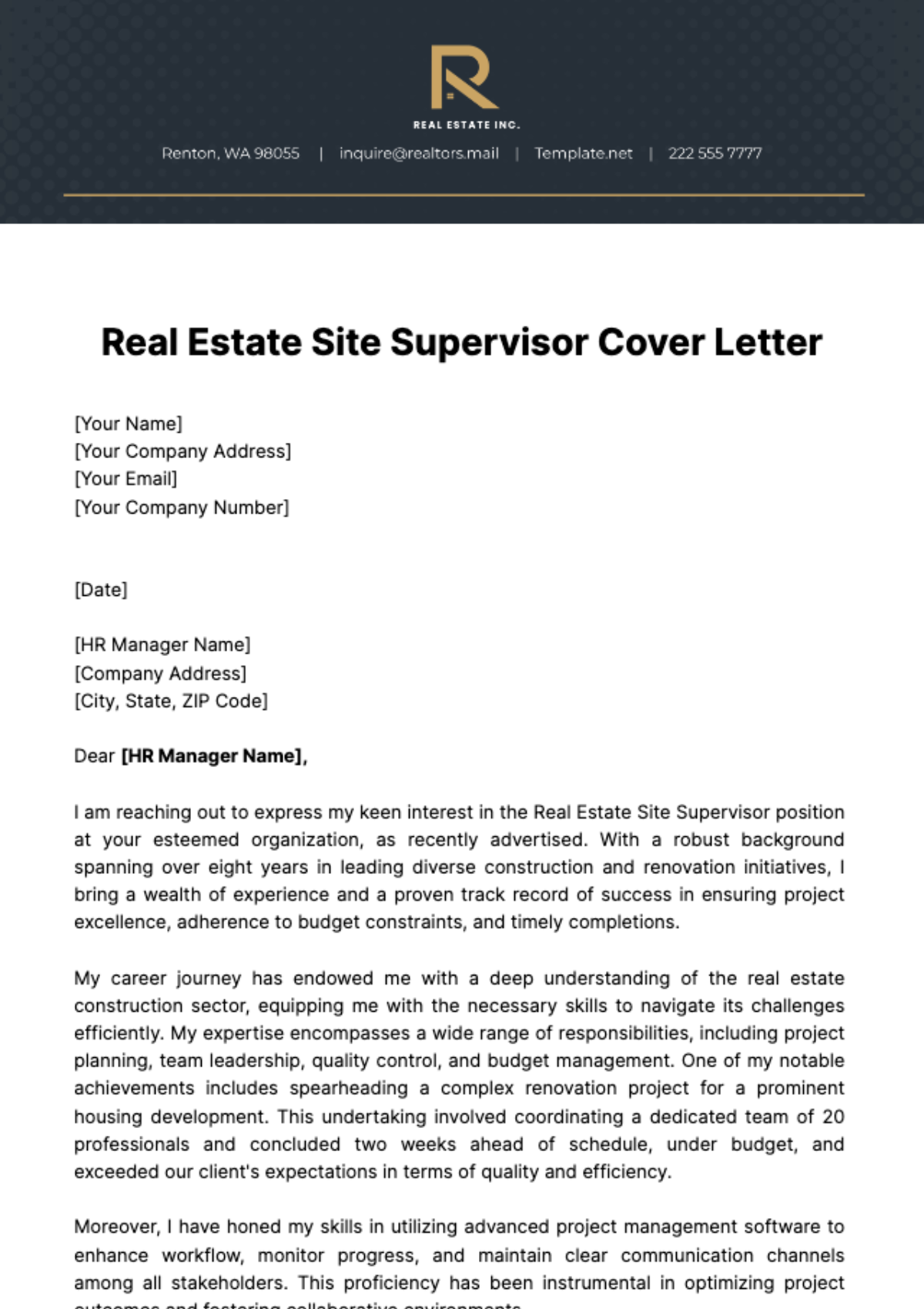 Free Real Estate Site Supervisor Cover Letter Template
