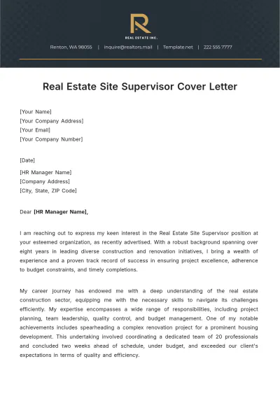 Free Real Estate Site Supervisor Cover Letter Template to Edit Online