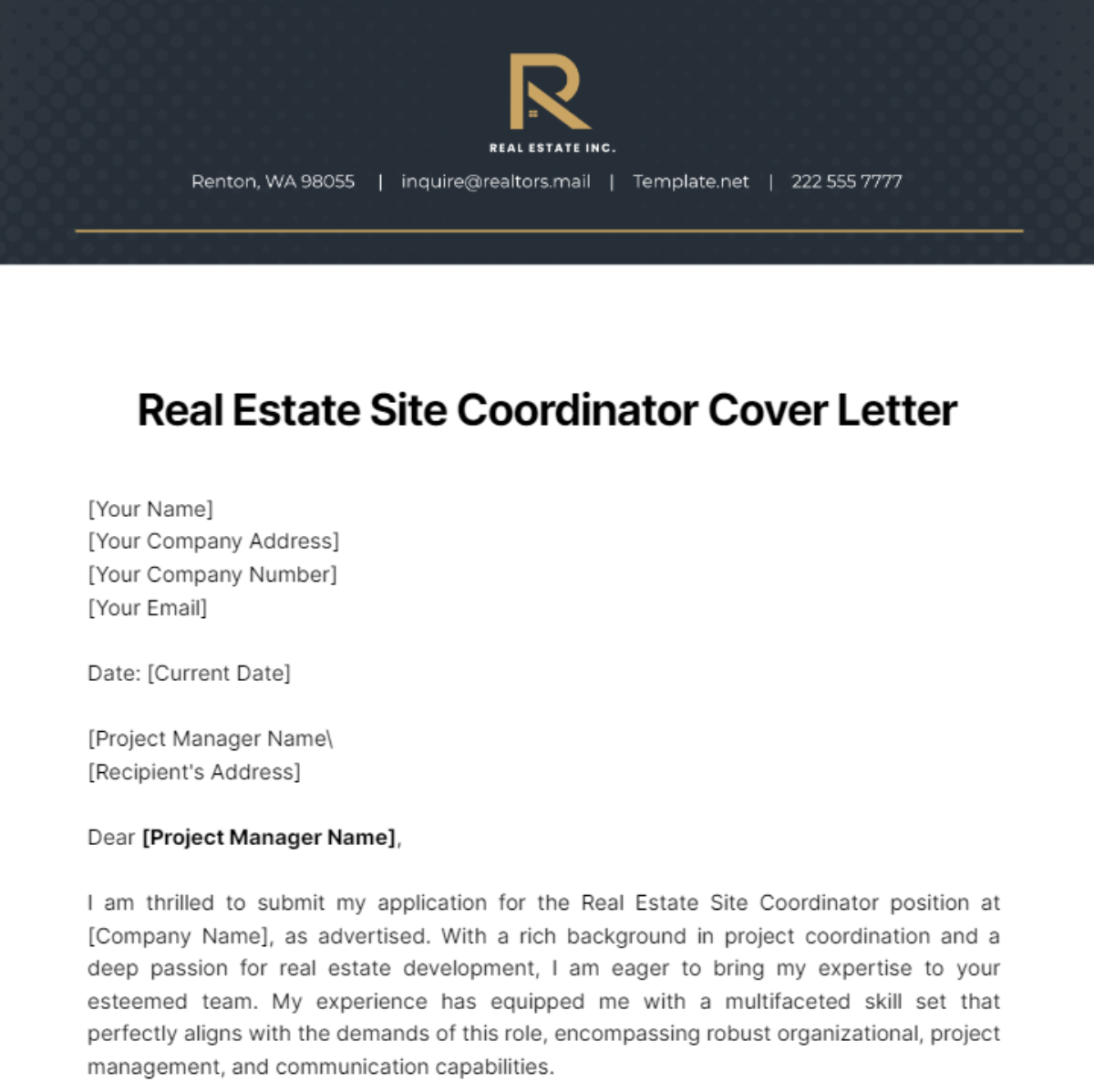 Free Real Estate Site Coordinator Cover Letter Template