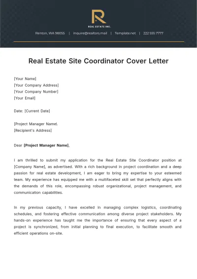 Free Real Estate Site Coordinator Cover Letter Template to Edit Online