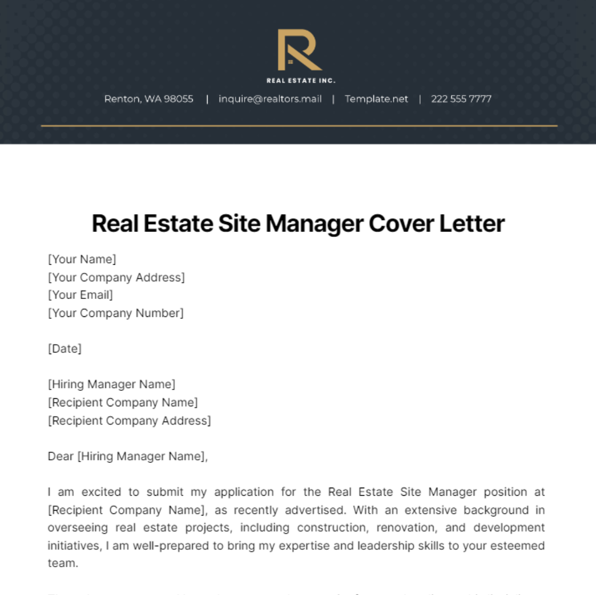Real Estate Site Manager Cover Letter Template